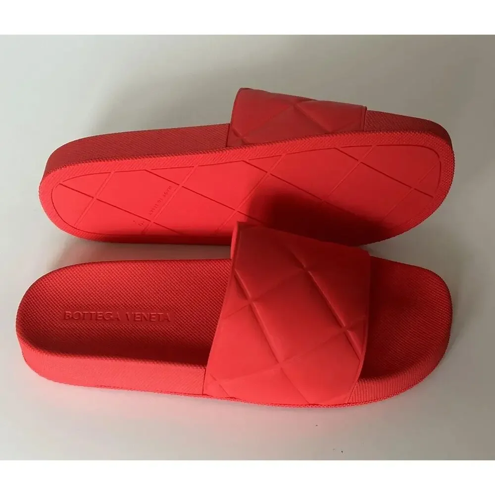 NIB $390 Bottega Veneta Slider Patterned Rubber Sandals Tomato 12 US (45) 640050